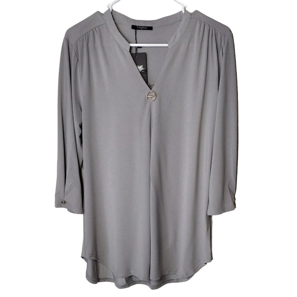 Valolia Blouse Womens Medium V Neck Gray